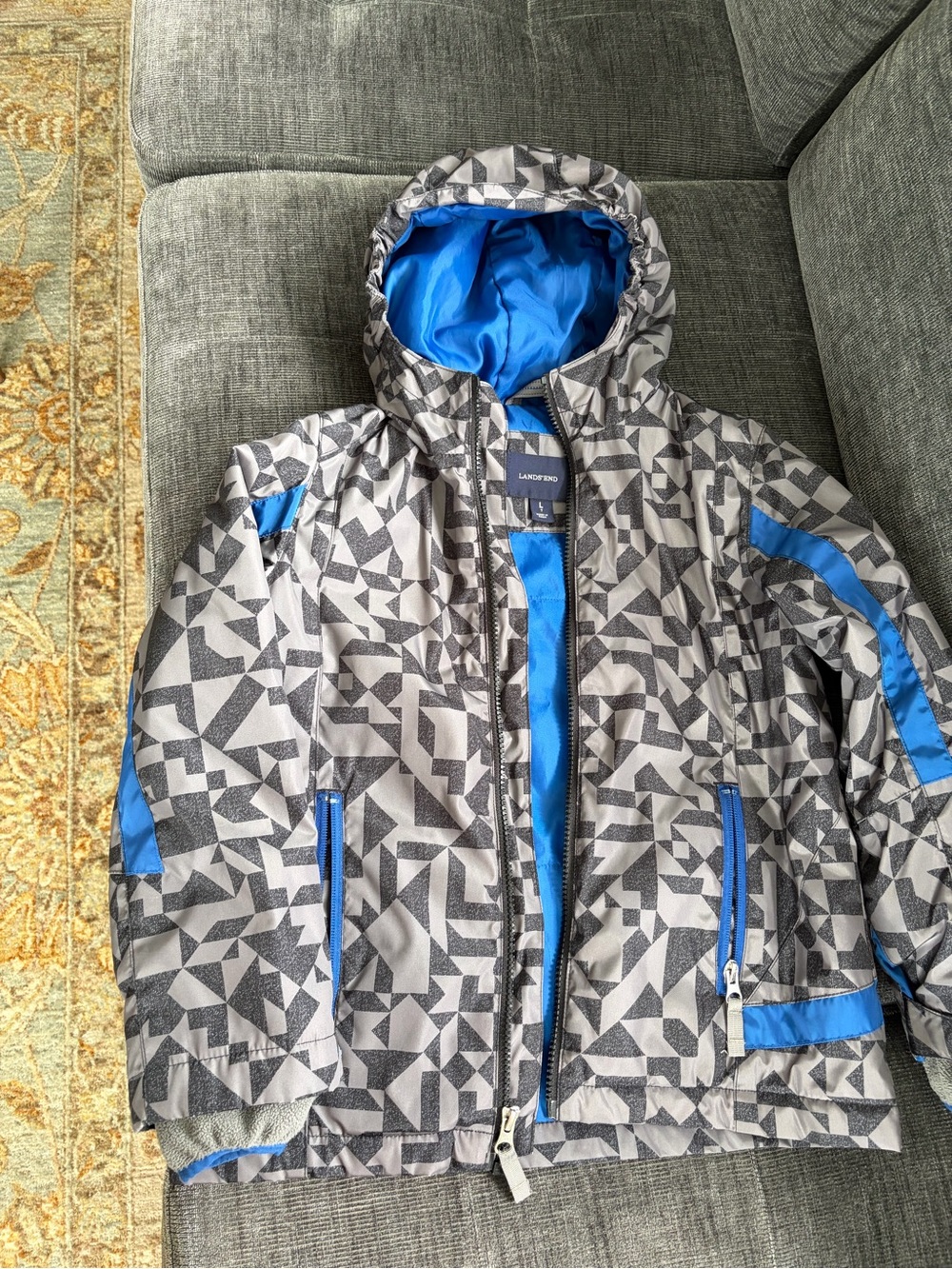 Lands' End Kids' Geometric Puffer Jacket - Gray & Blue
